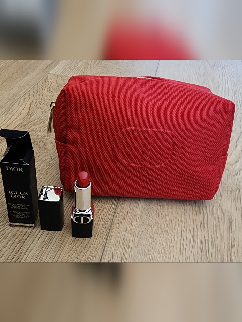 New Set Dior CD Red Makeup Canvas Pouch Clutch Bag + Mini Dior Rouge 999 Satin
